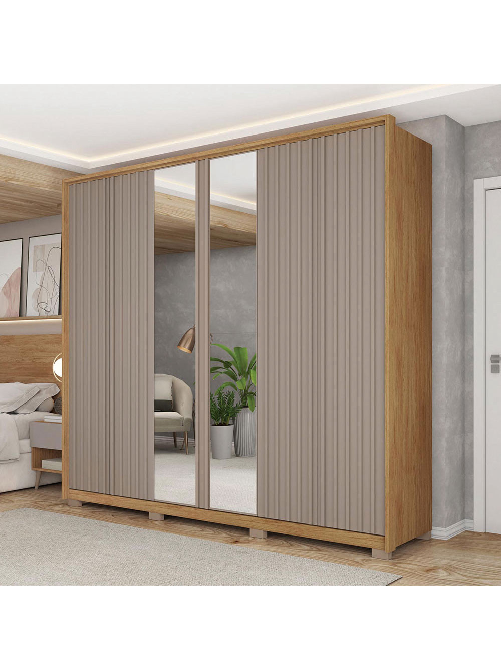 Guarda Roupa Casal Decimus com Espelhos 6 Portas 4 Gavetas com Pés Caemmun - Branco Fosco