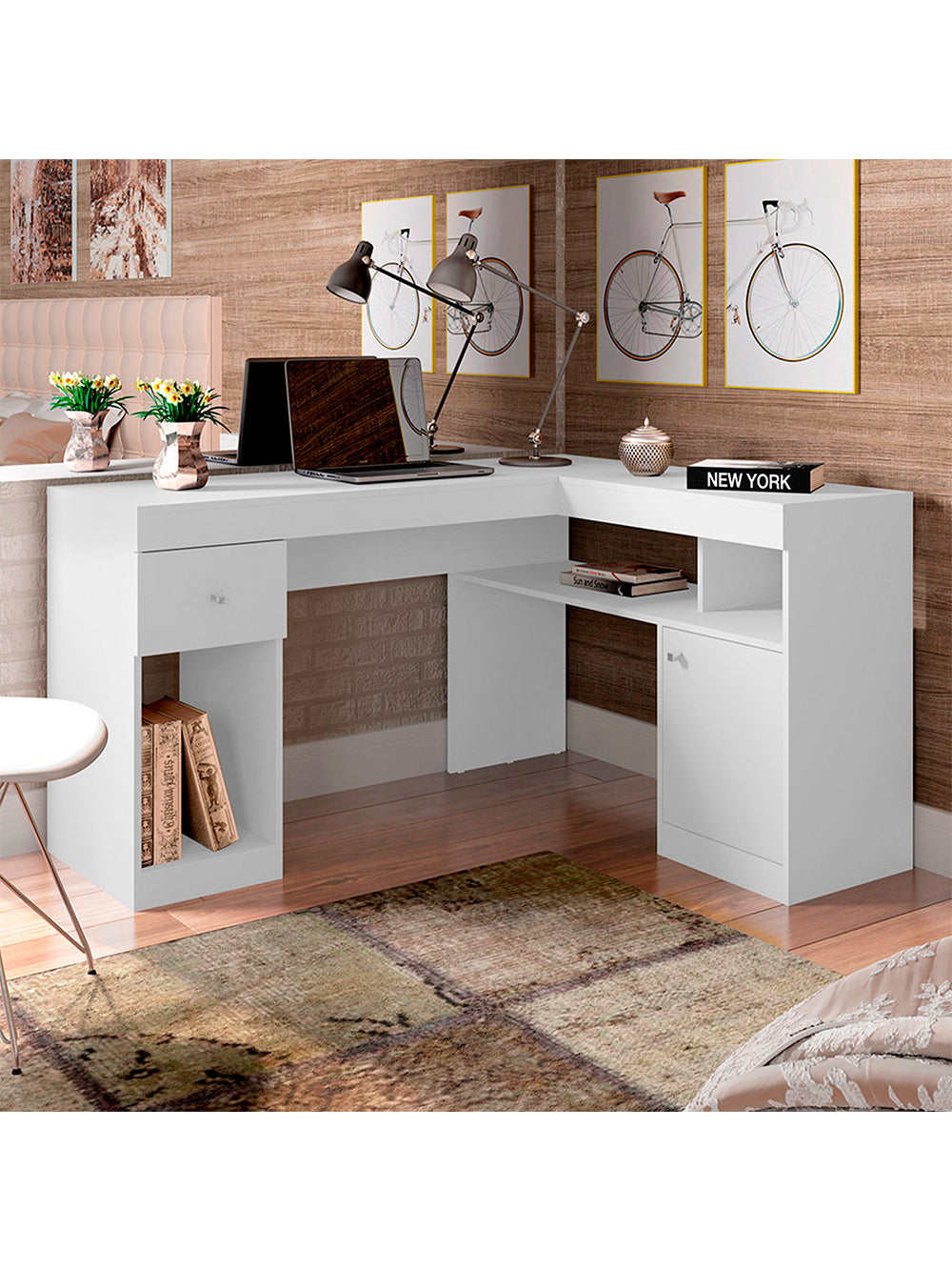 Mesa De Computador Com Porta e Gaveta Nilo Caemmun - Lamina Mel/Off White Perfect