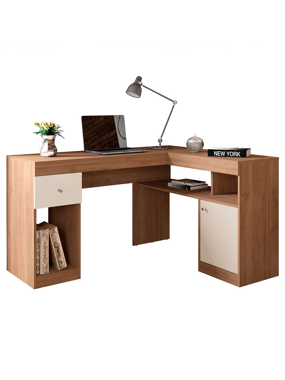 Mesa De Computador Com Porta e Gaveta Nilo Caemmun - Lamina Mel/Off White Perfect