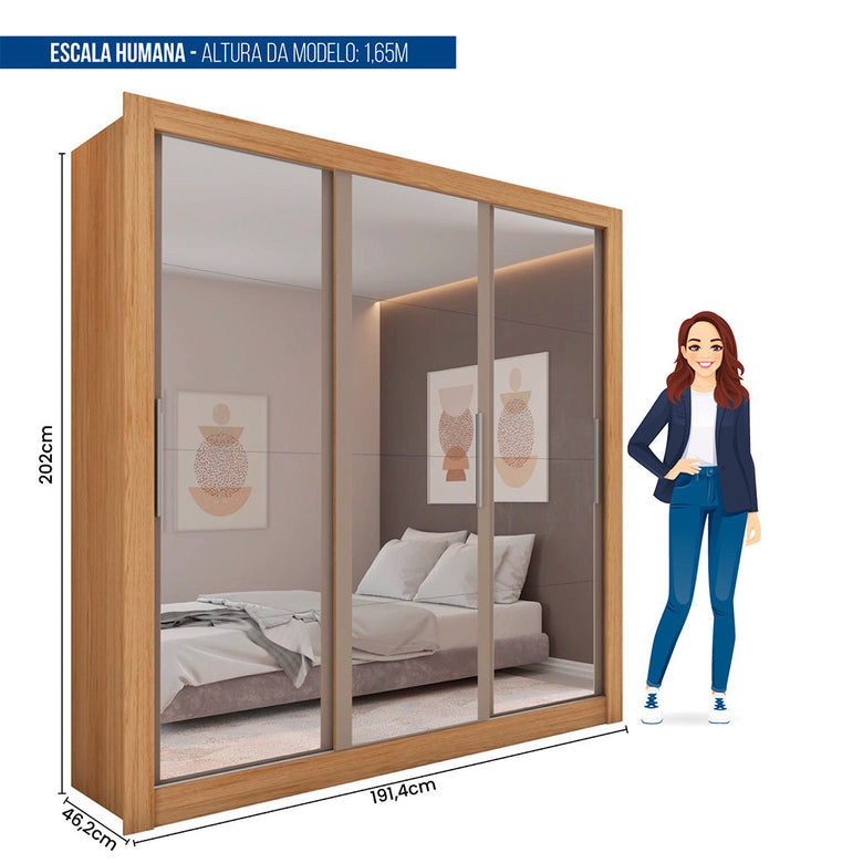Guarda Roupa com Espelhos 3 Portas 2 Gavetas Santiago Caemmun