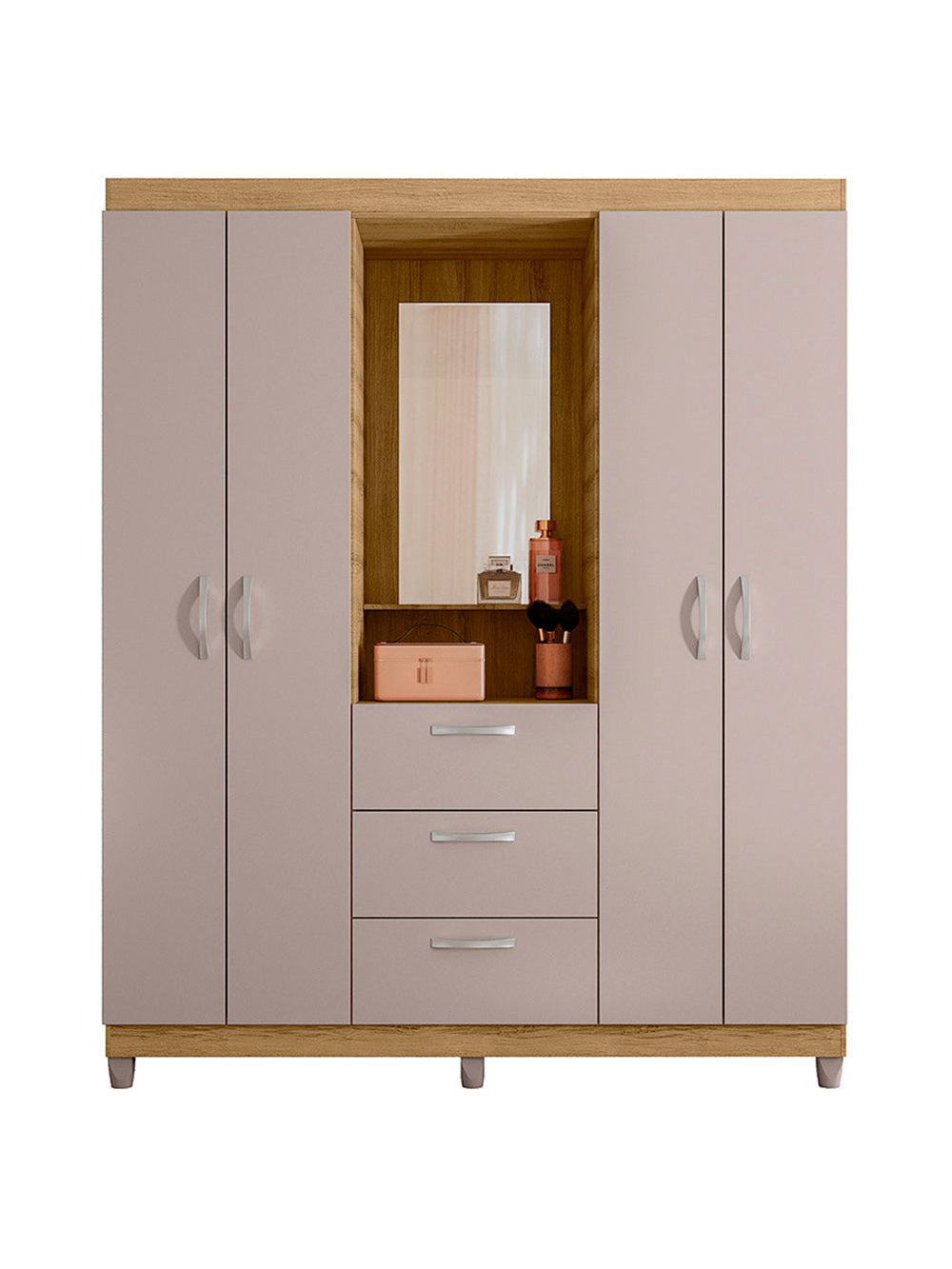Guarda Roupa Casal 4 Portas 3 Gavetas Capelinha com Espelho Clapton Caemmun - Lamina Mel/Cacao