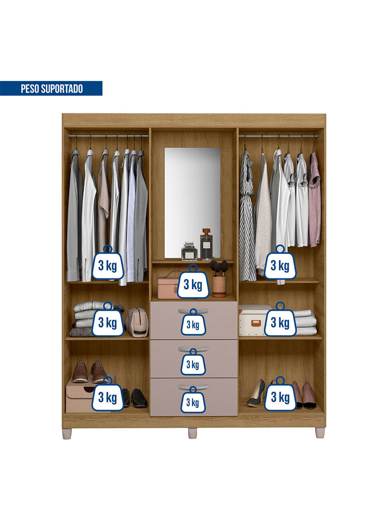 Guarda Roupa Casal 4 Portas 3 Gavetas Capelinha com Espelho Clapton Caemmun