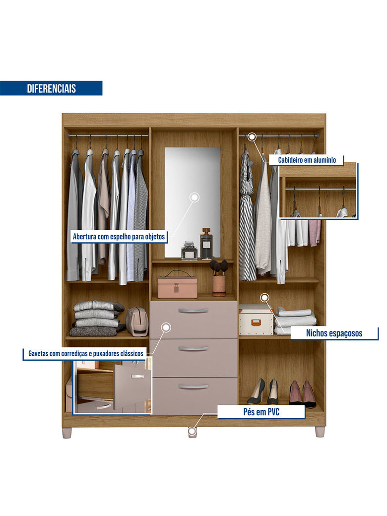 Guarda Roupa Casal 4 Portas 3 Gavetas Capelinha com Espelho Clapton Caemmun