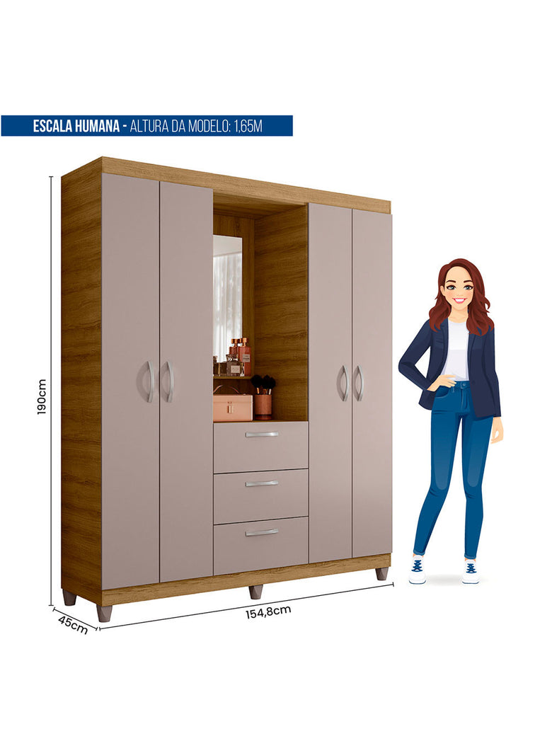 Guarda Roupa Casal 4 Portas 3 Gavetas Capelinha com Espelho Clapton Caemmun