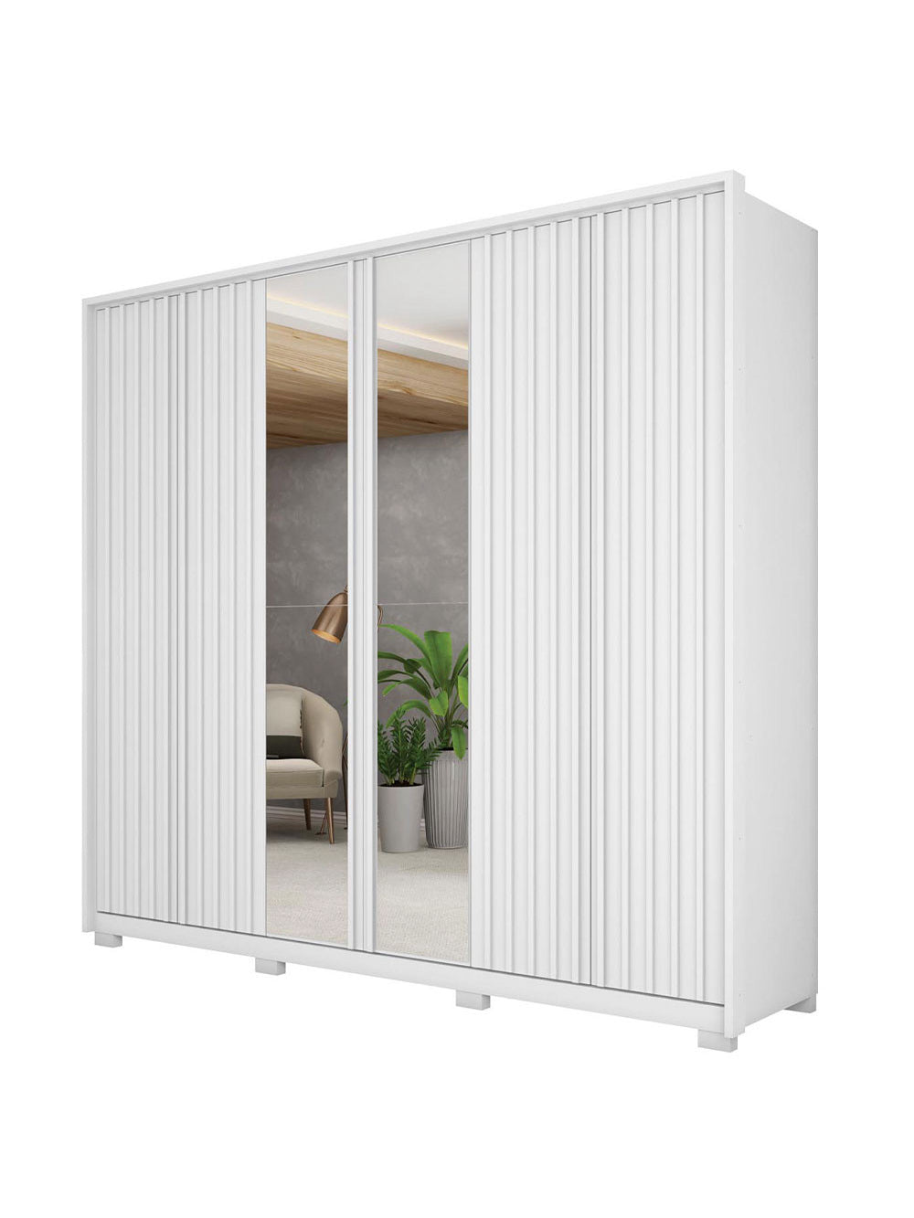 Guarda Roupa Casal Decimus com Espelhos 6 Portas 4 Gavetas com Pés Caemmun - Branco Fosco