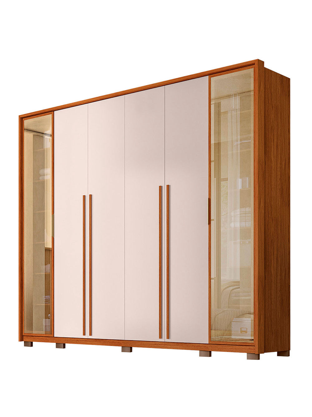 Guarda Roupa Casal Octavius com Vidro Reflecta 6 Portas 6 Gavetas Caemmun - Freijó com Off White