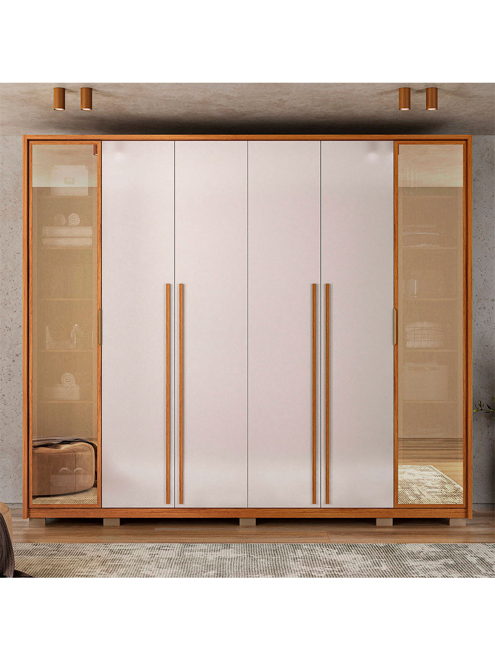 Guarda Roupa Casal Octavius com Vidro Reflecta 6 Portas 6 Gavetas Caemmun - Freijó com Off White