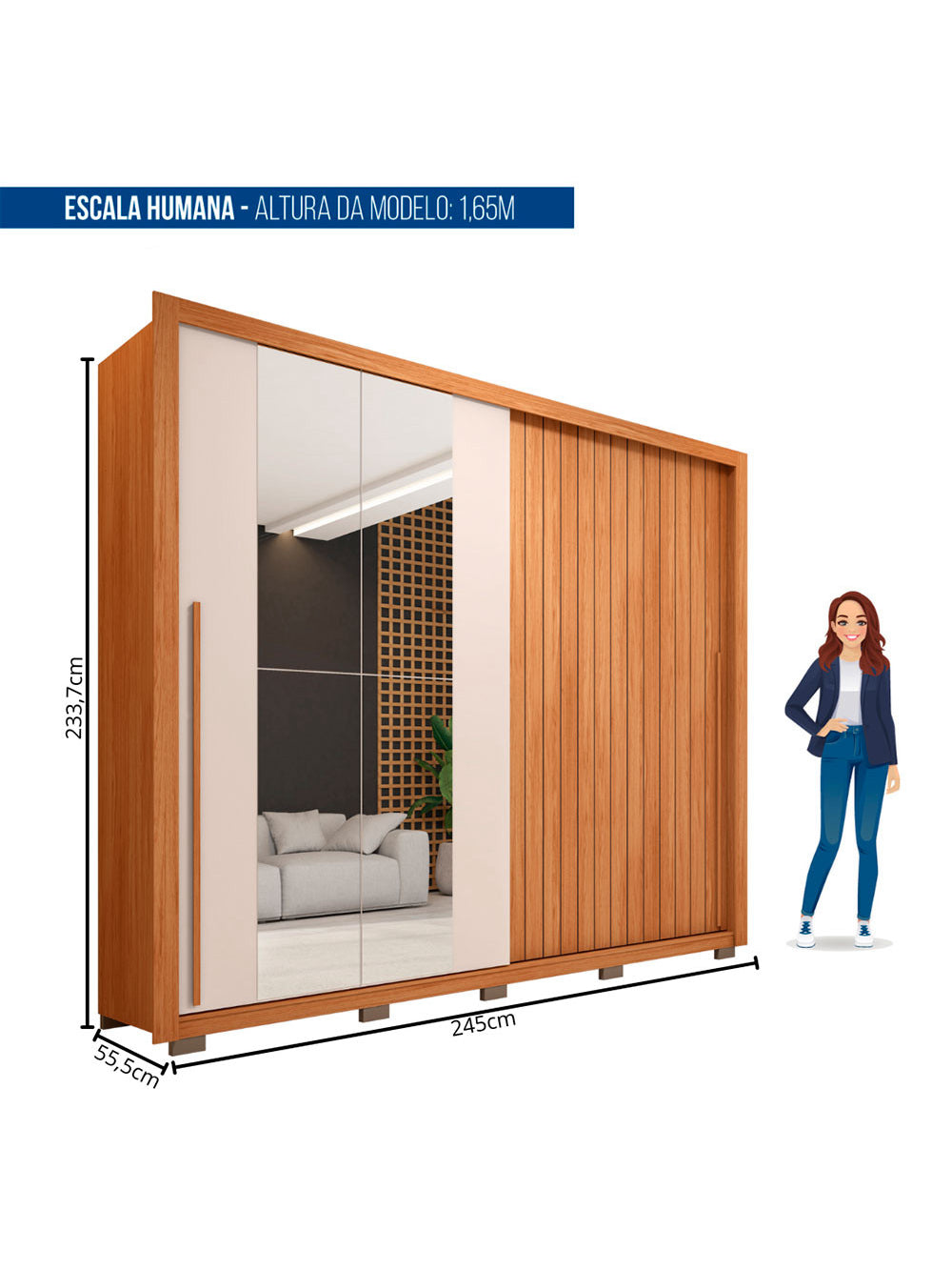 Guarda Roupa Casal Moviment com Espelhos 2 Portas 4 Gavetas Caemmun - Buriti / fendi