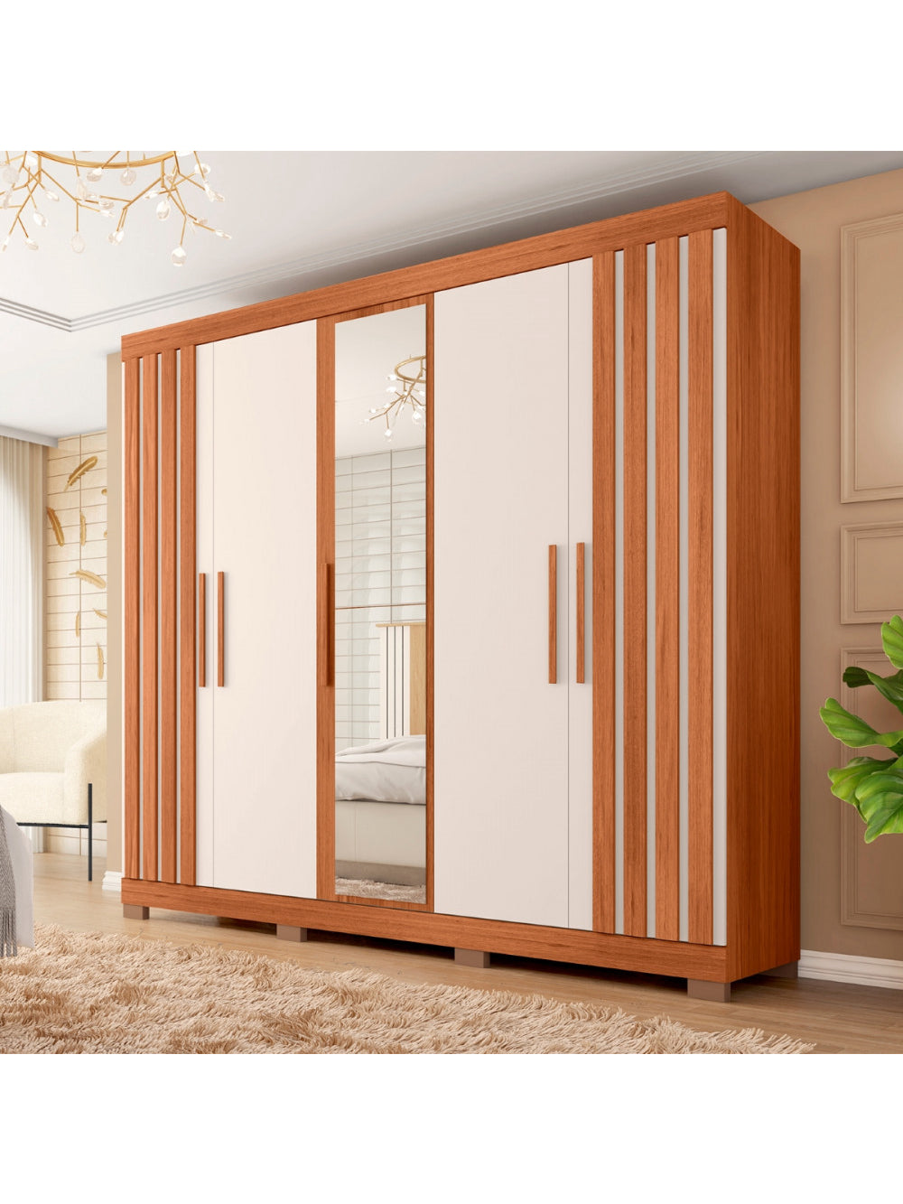 Guarda Roupa Casal Sophia Lux com Espelhos 5 Portas 2 Gavetas Caemmun - Freijó com Off White