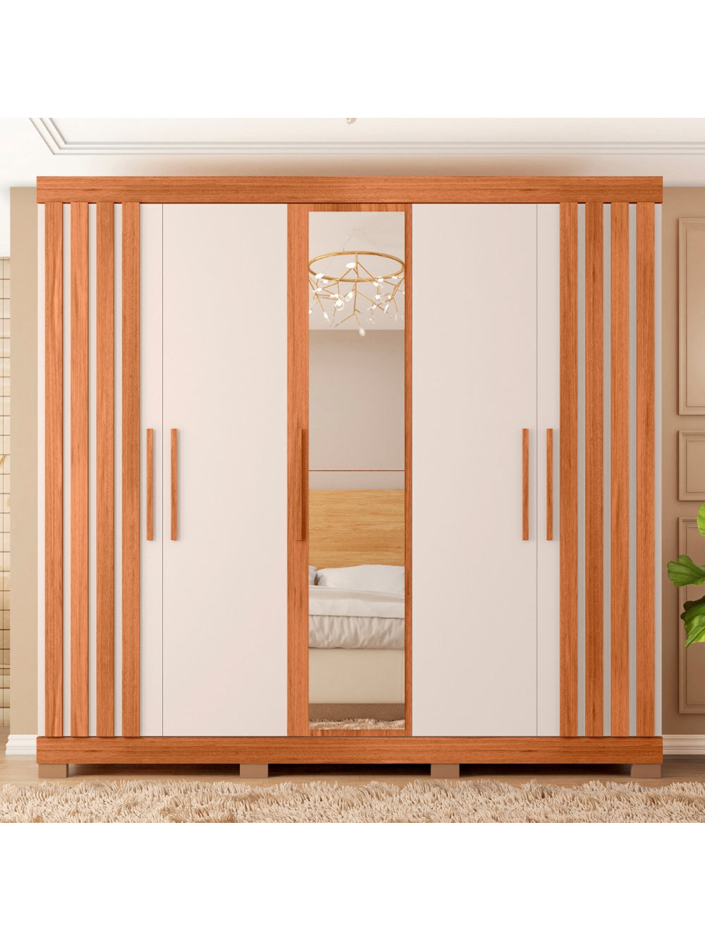 Guarda Roupa Casal Sophia Lux com Espelhos 5 Portas 2 Gavetas Caemmun - Freijó com Off White