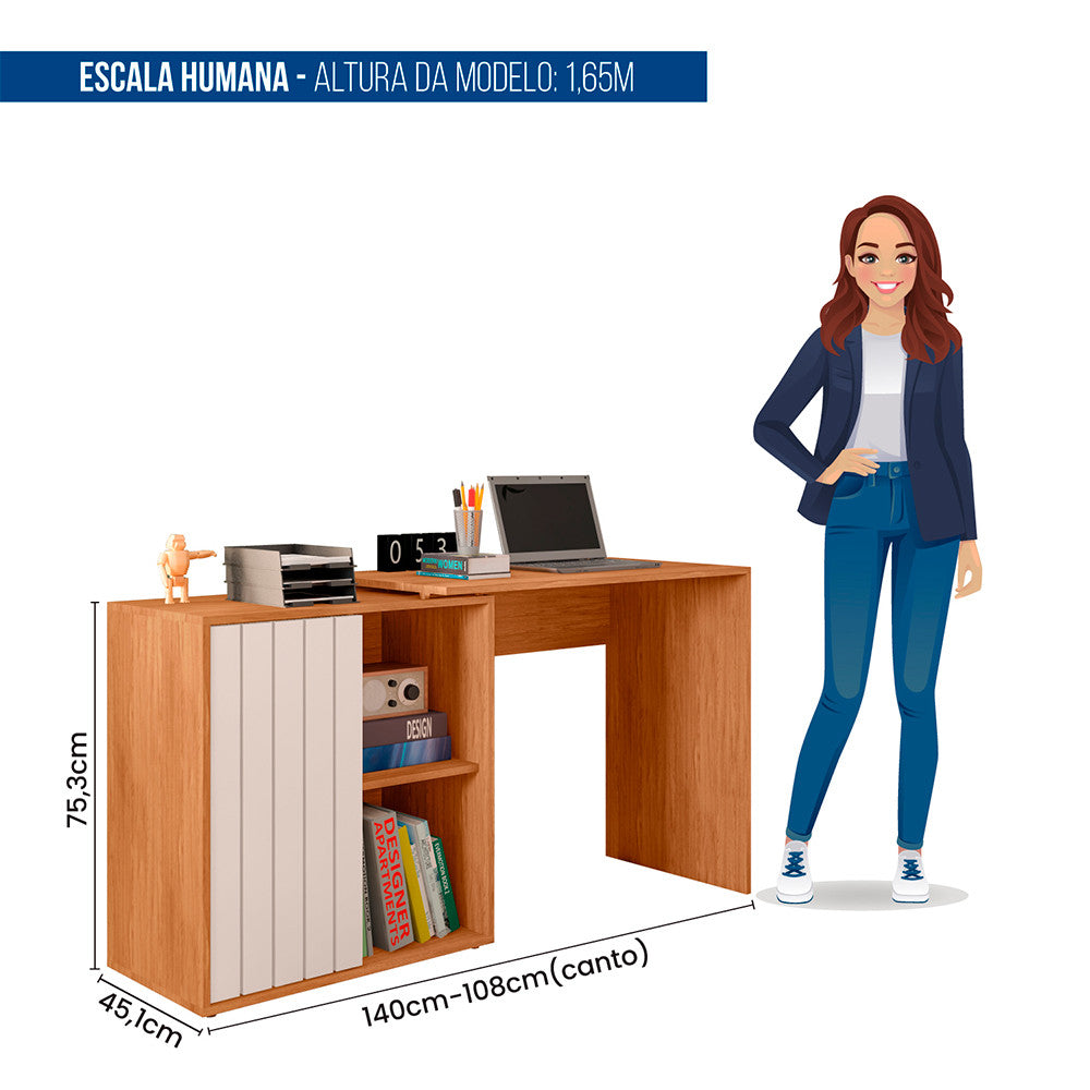 Escrivaninha para Escritório com 1 Porta Ripada Tech Caemmun - Branco Fosco