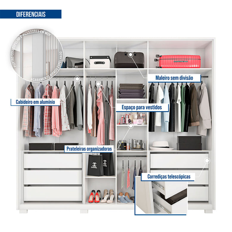 Guarda Roupa Casal Orfeus Lux com Espelhos 6 Portas 6 Gavetas Caemmun