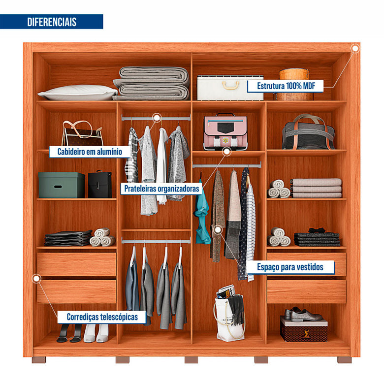 Guarda Roupa Casal Romanus Lux 2 Portas 4 Gavetas com Espelho Caemmun