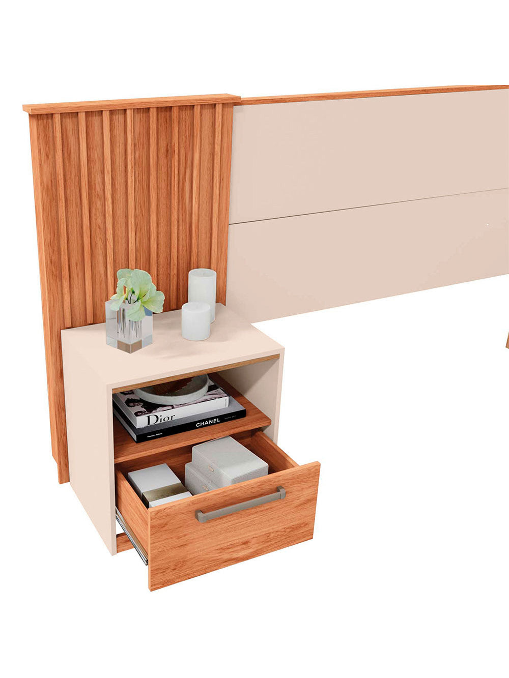 Cabeceira Casal Lucius Extensível 2 Mesas com Gaveta Caemmun - Buriti com Off White
