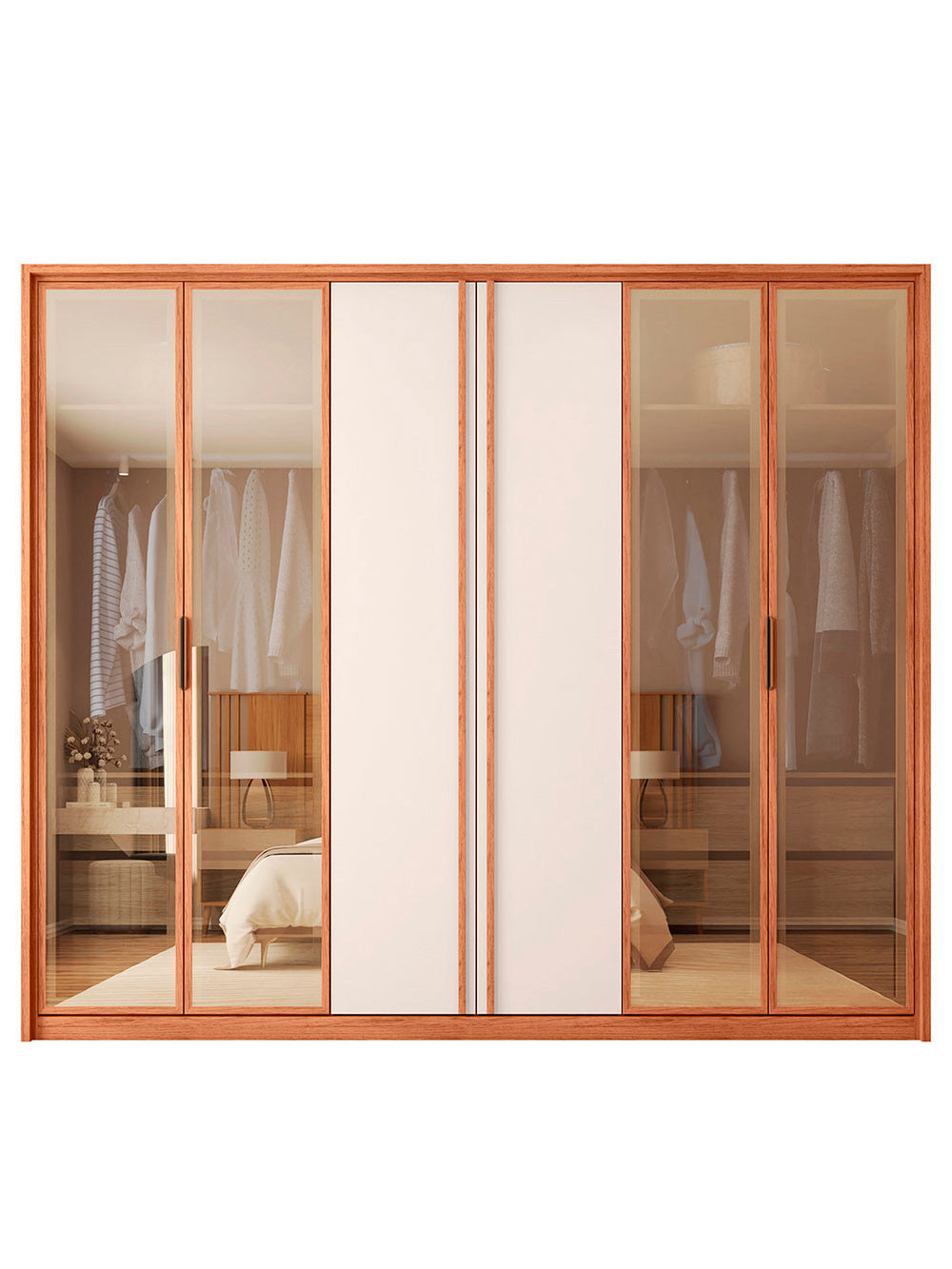 Guarda Roupa Casal Cristal 6 Portas Reflecta 4 Gavetas Caemmun - Freijó com Off White