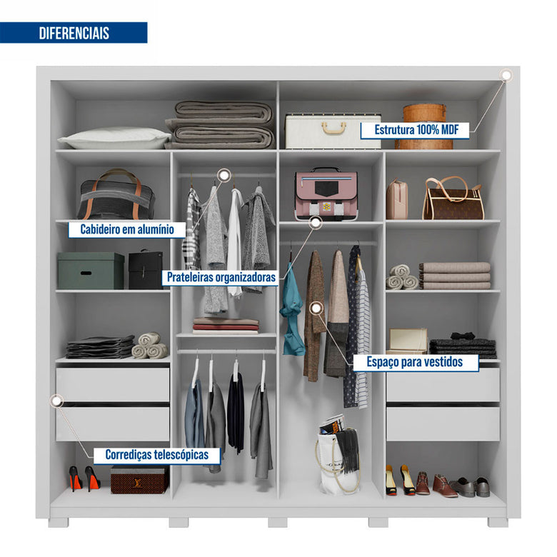 Guarda Roupa Casal Romanus Lux 2 Portas 4 Gavetas com Espelho Caemmun