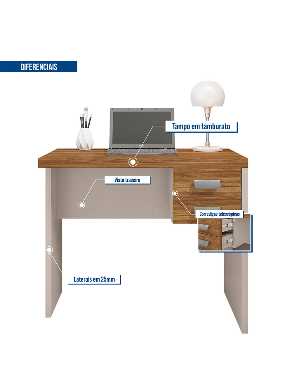 Mesa De Computador com Gaveteiro Escritório Studio 0.9 Caemmun