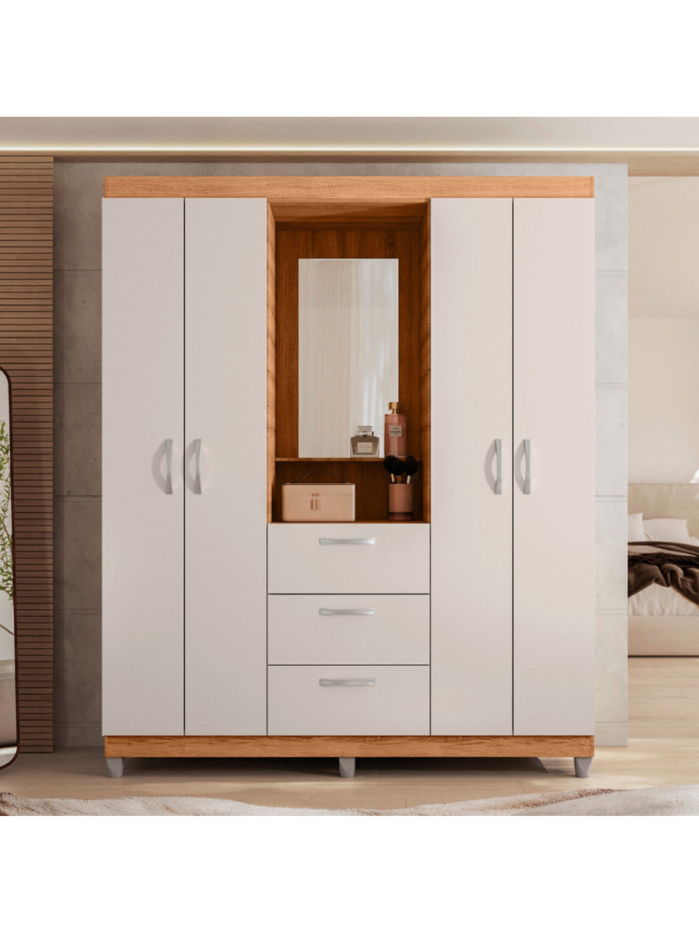 Guarda Roupa Casal 4 Portas 3 Gavetas Capelinha com Espelho Clapton Caemmun - Freijó com Off White