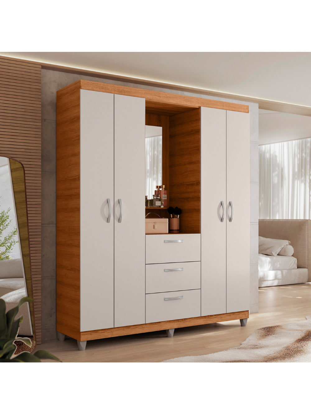 Guarda Roupa Casal 4 Portas 3 Gavetas Capelinha com Espelho Clapton Caemmun - Lamina Mel/Off White Perfect