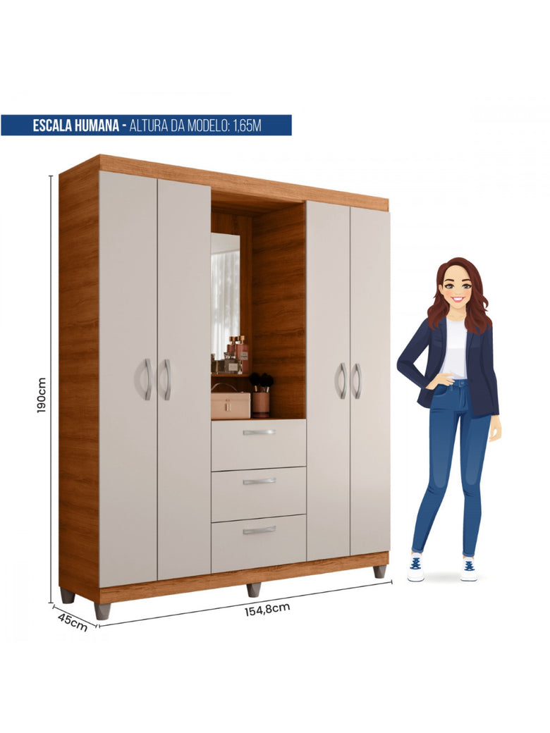 Guarda Roupa Casal 4 Portas 3 Gavetas Capelinha com Espelho Clapton Caemmun