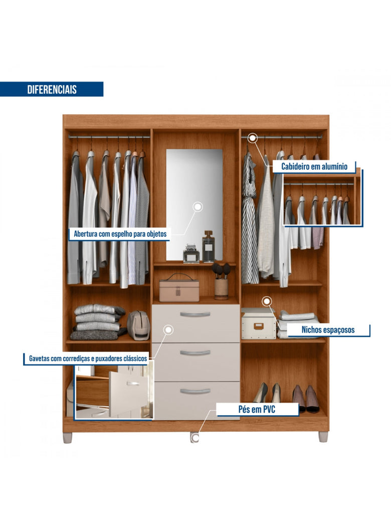 Guarda Roupa Casal 4 Portas 3 Gavetas Capelinha com Espelho Clapton Caemmun