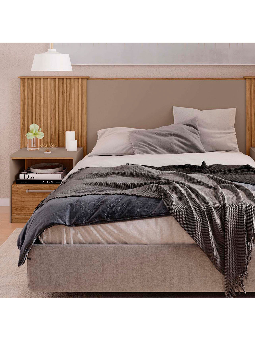 Cabeceira Casal Lucius Extensível 2 Mesas com Gaveta Caemmun - Freijó com Off White