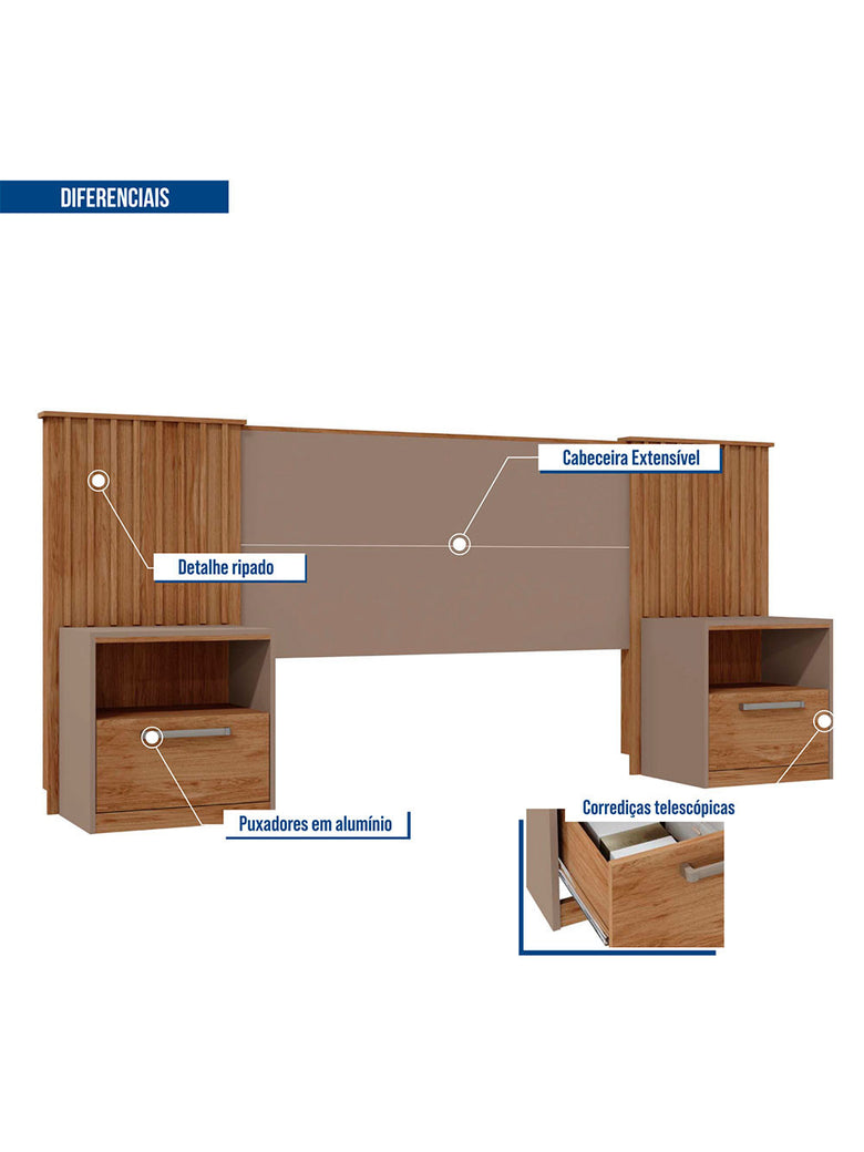 Cabeceira Casal Lucius Extensível 2 Mesas com Gaveta Caemmun
