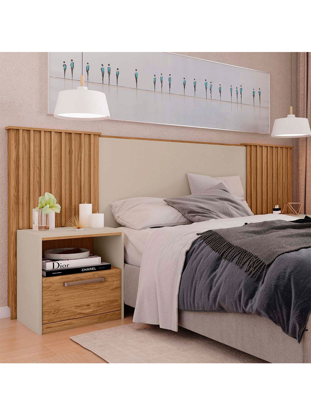 Cabeceira Casal Lucius Extensível 2 Mesas com Gaveta Caemmun - Buriti com Off White