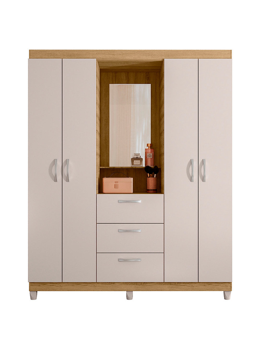 Guarda Roupa Casal 4 Portas 3 Gavetas Capelinha com Espelho Clapton Caemmun - Lamina Mel/Off White Perfect