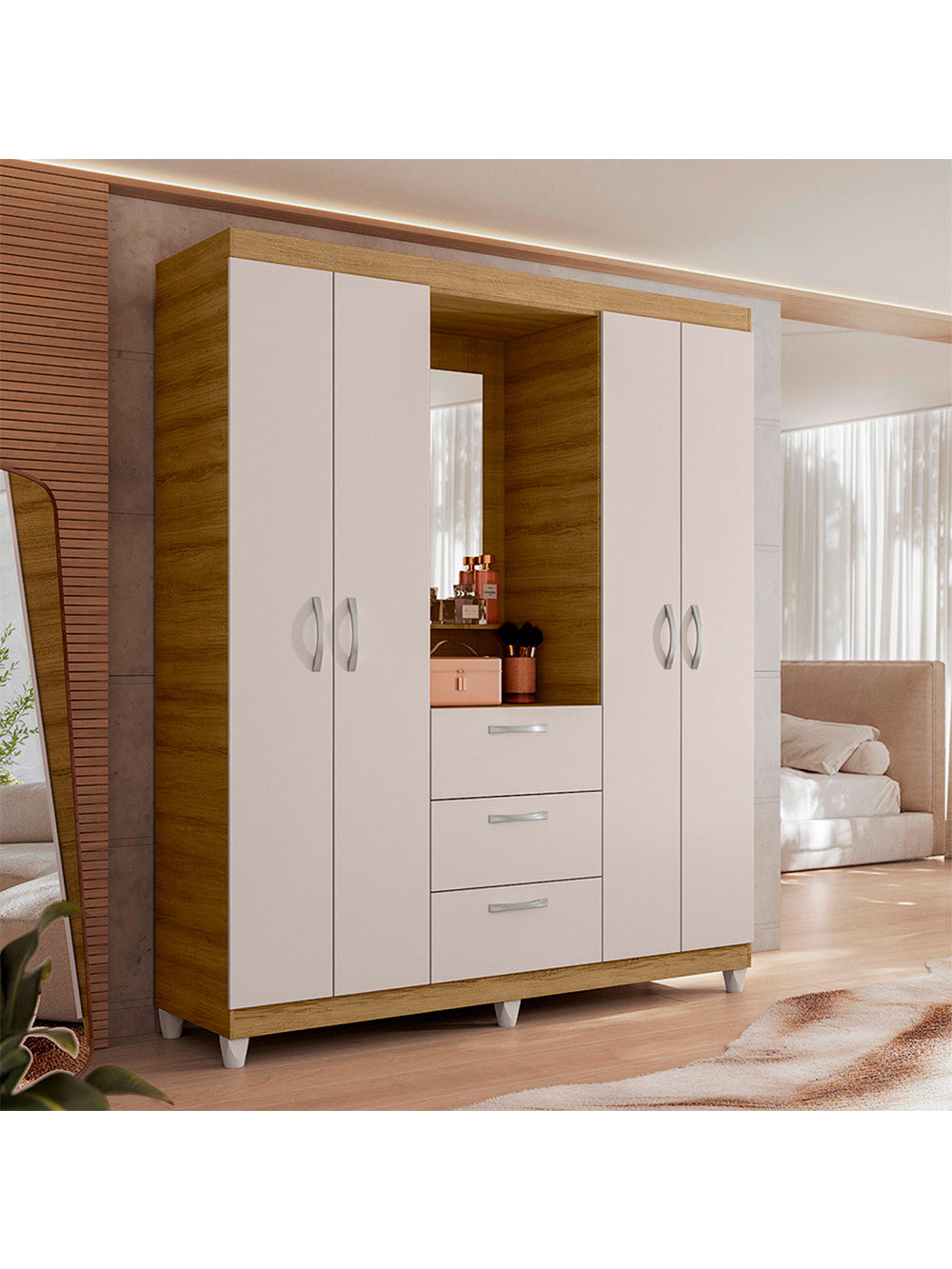 Guarda Roupa Casal 4 Portas 3 Gavetas Capelinha com Espelho Clapton Caemmun - Lamina Mel/Cacao