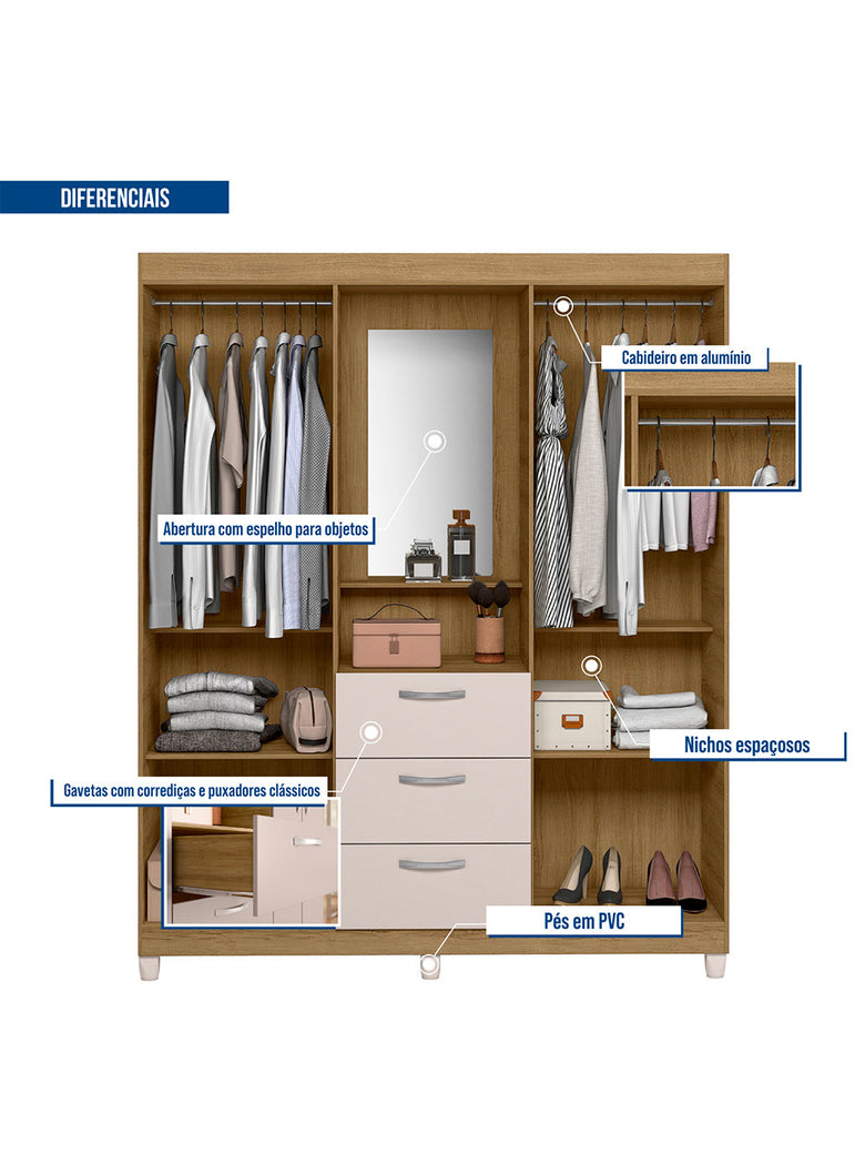 Guarda Roupa Casal 4 Portas 3 Gavetas Capelinha com Espelho Clapton Caemmun