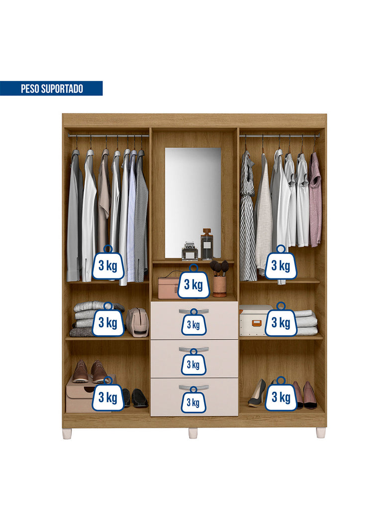 Guarda Roupa Casal 4 Portas 3 Gavetas Capelinha com Espelho Clapton Caemmun