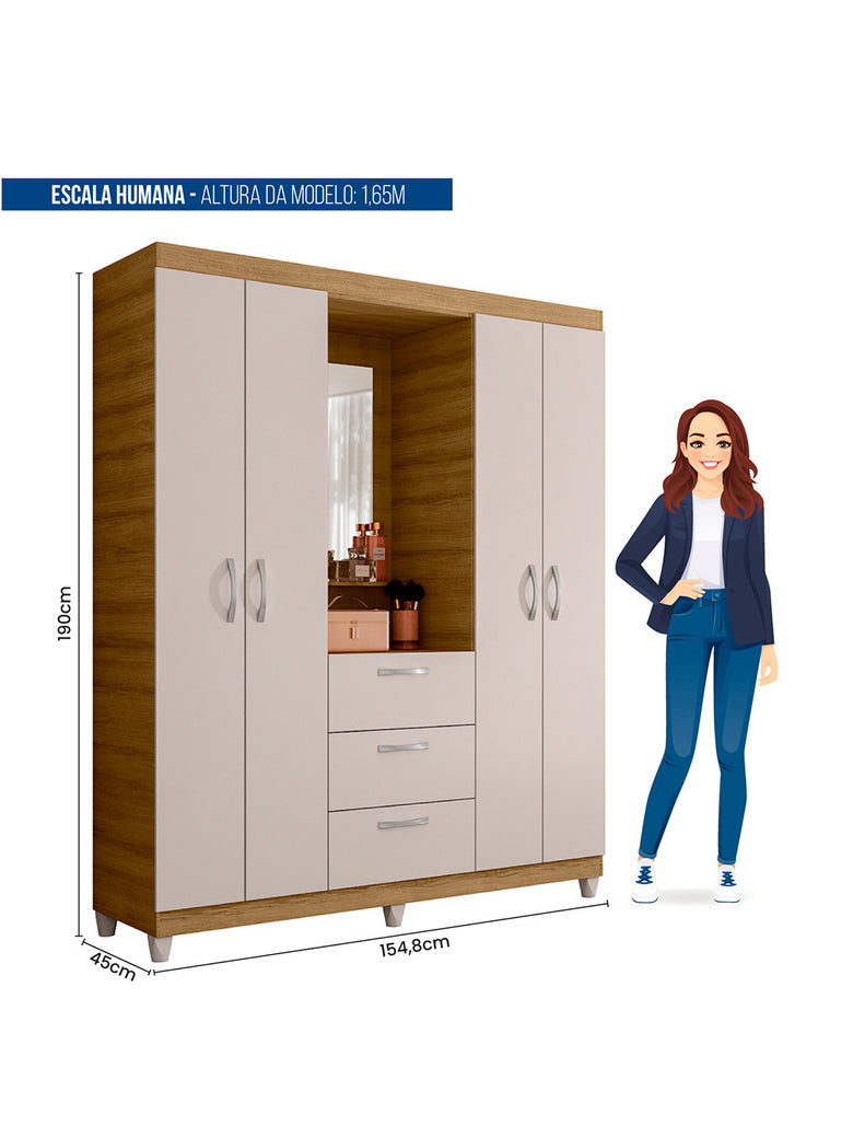 Guarda Roupa Casal 4 Portas 3 Gavetas Capelinha com Espelho Clapton Caemmun