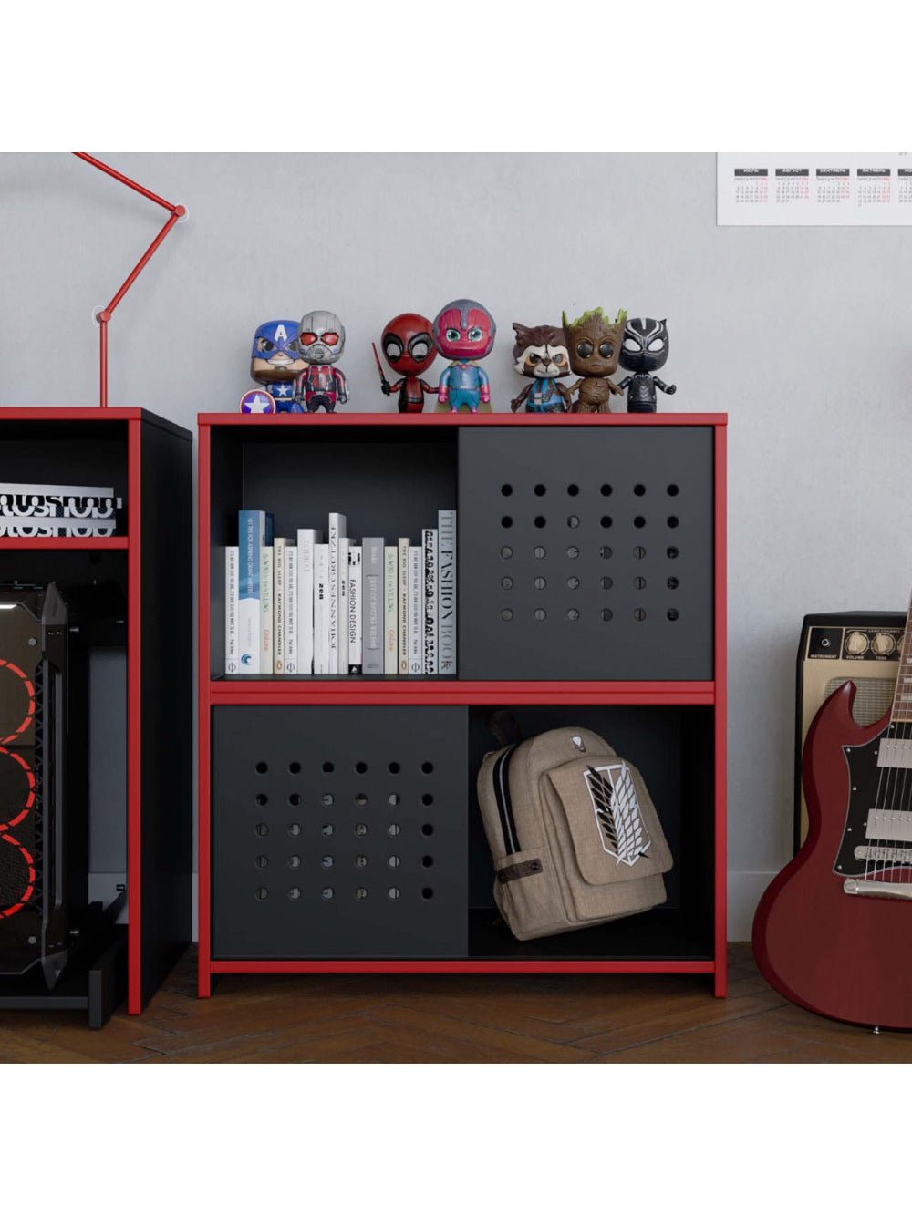 Estante Armário Gamer Escritório 2 Porta Pixel Caemmun - Preto com Vermelho