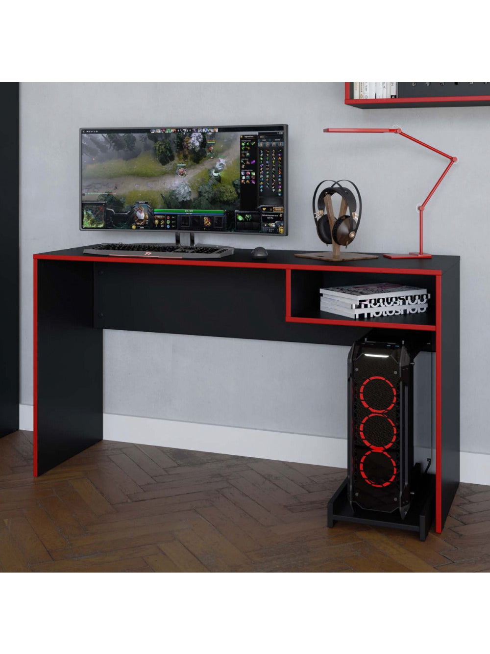 Mesa Gamer Escrivaninha Para Computador Pixel Caemmun - Preto com Vermelho