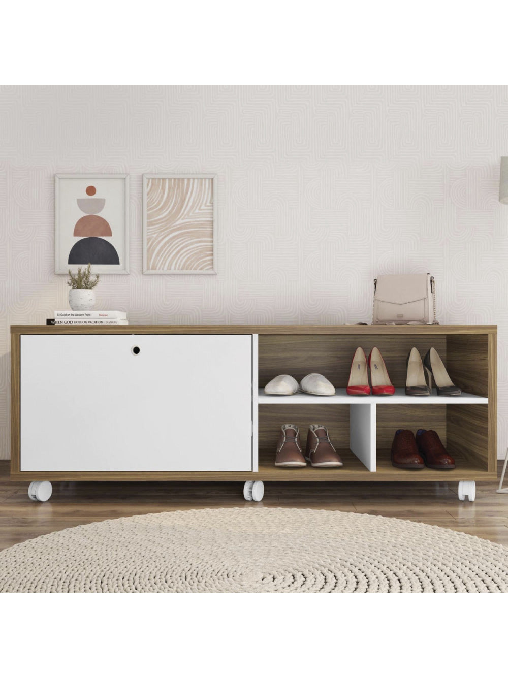 Sapateira Recamier porta basculante com rodízios Estilo - Lamina Mel/Branco