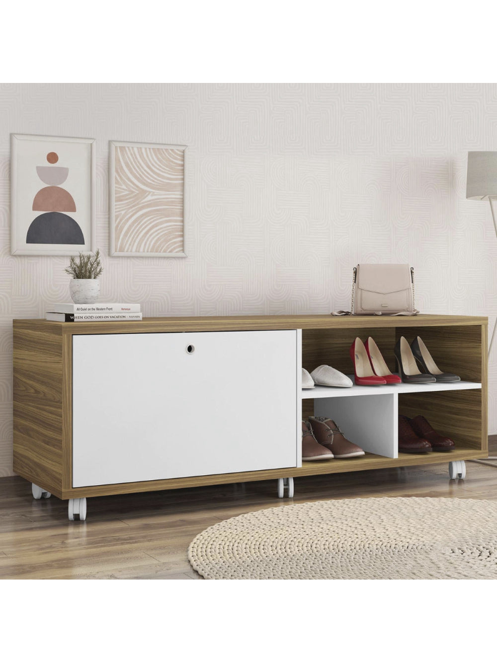 Sapateira Recamier porta basculante com rodízios Estilo - Lamina Mel/Branco