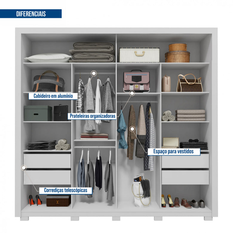 Guarda Roupa Casal 2 Portas 4 Gavetas com Espelho Romanus Double Lux Caemmun