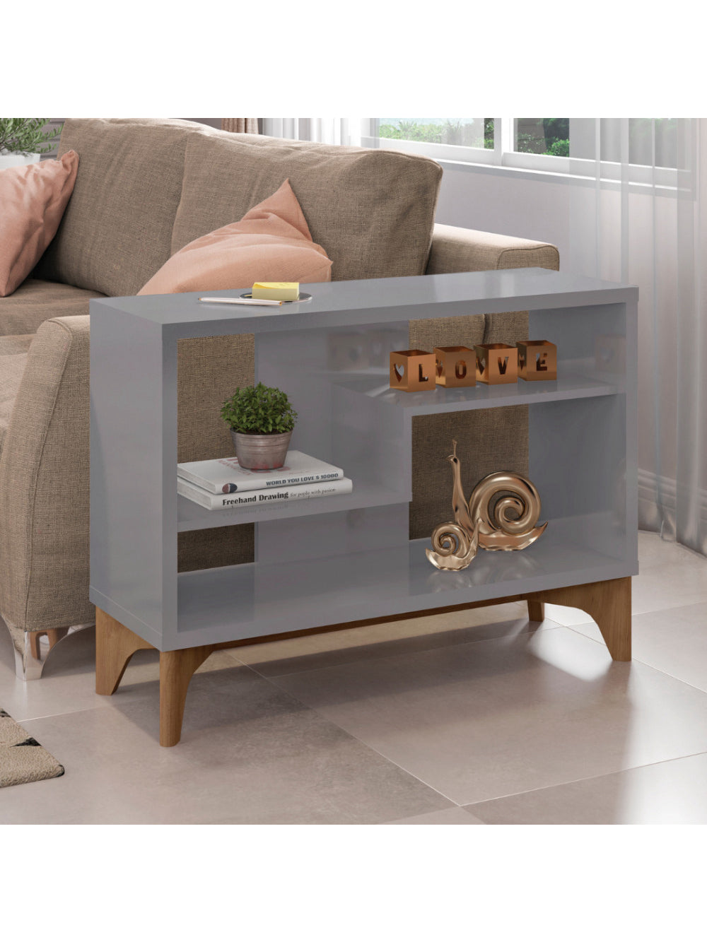 Estante Para Livro Decorativa Loft Caemmun - Cinza Brilho/Natture