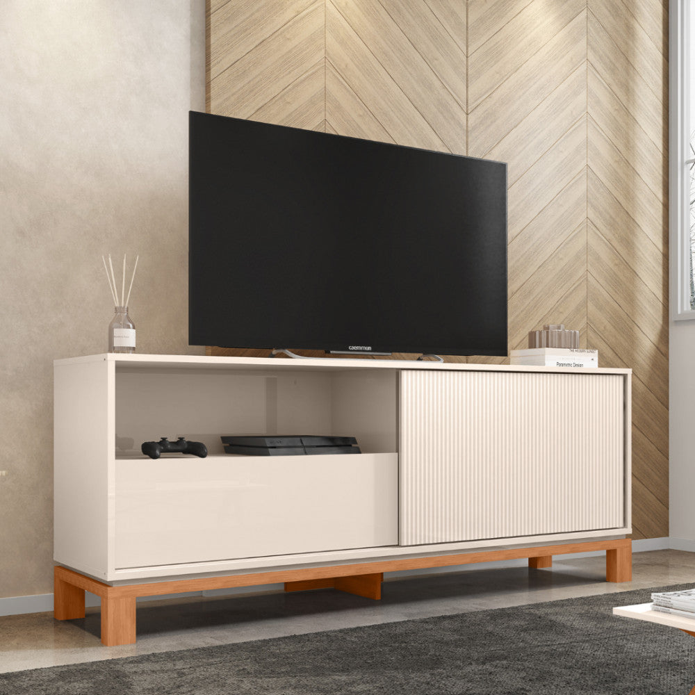 Rack para Tv até 55 Polegadas Porta com Textura Microrripada Pés Cavalete Mondrian 1.5 - Off White com Freijó