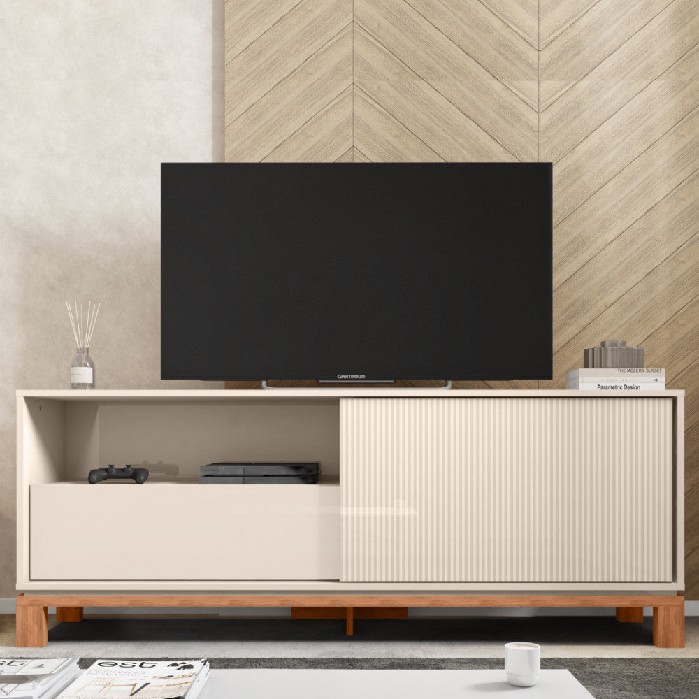 Rack para Tv até 55 Polegadas Porta com Textura Microrripada Pés Cavalete Mondrian 1.5 - SUED MR/FREIJO