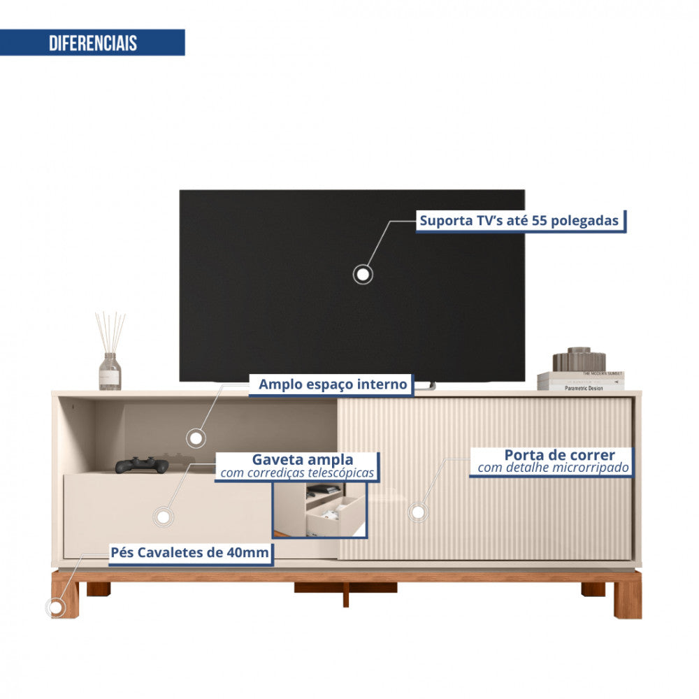 Rack para Tv até 55 Polegadas Porta com Textura Microrripada Pés Cavalete Mondrian 1.5