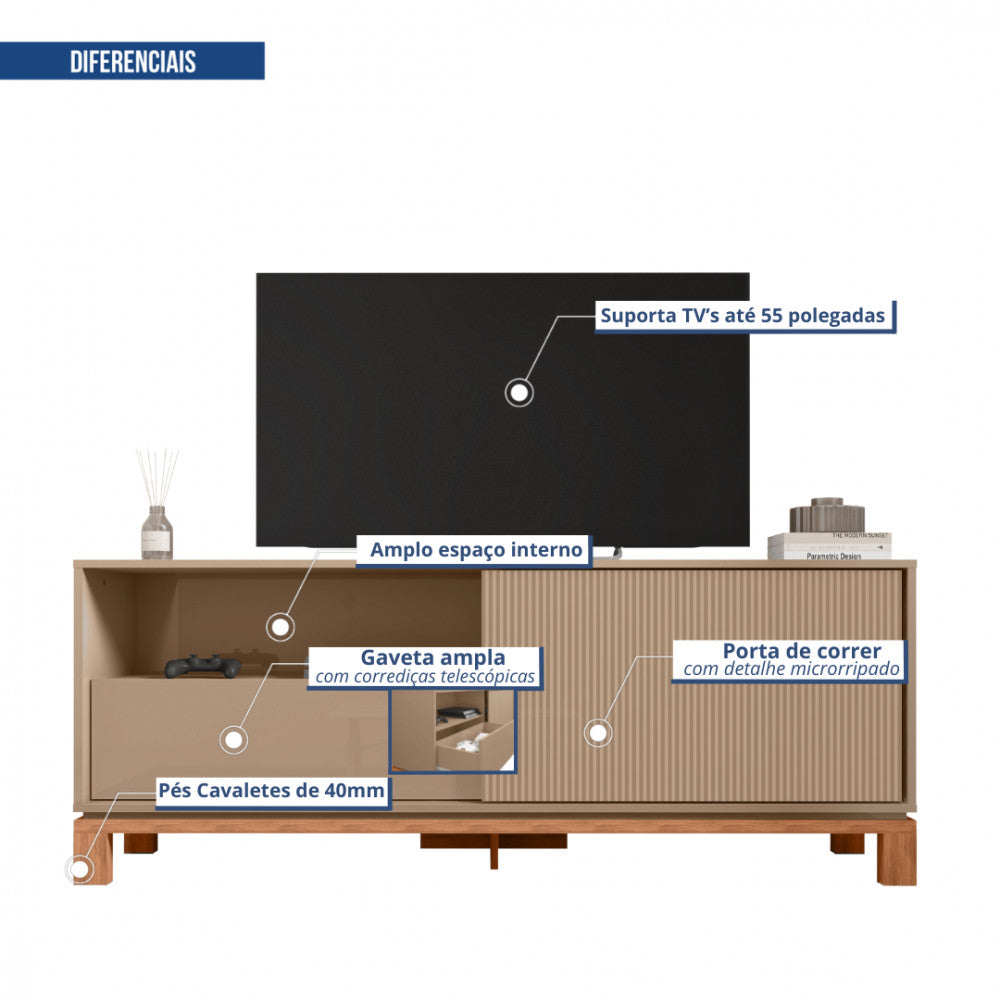 Rack para Tv até 55 Polegadas Porta com Textura Microrripada Pés Cavalete Mondrian 1.5