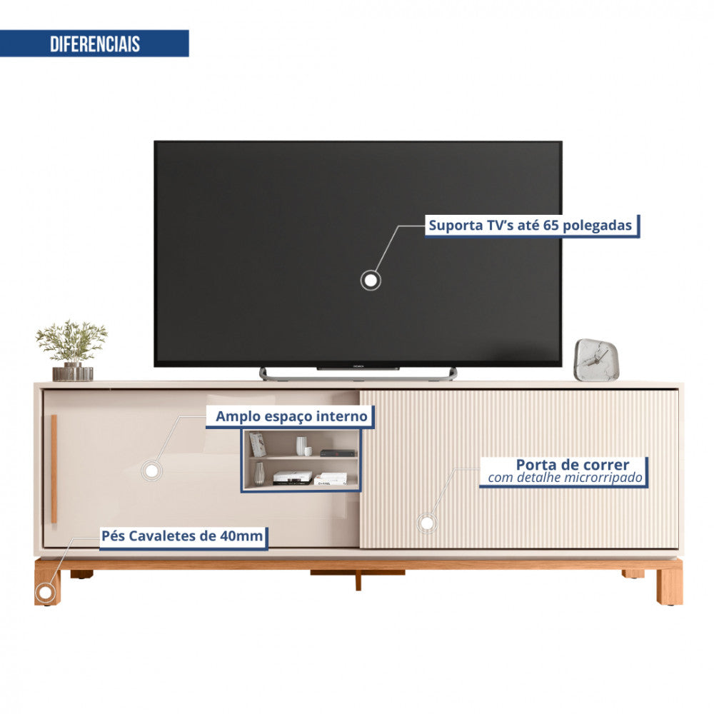 Rack para Tv até 65 Polegadas Portas com Textura Microrripada Pés Cavalete Mondrian 1.8