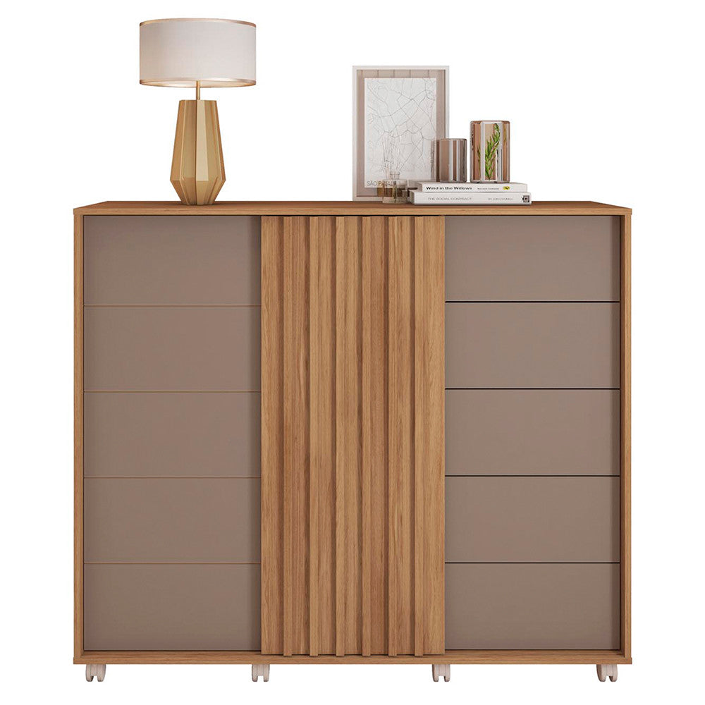 Cômoda Espaçosa Pegasus 2 Portas 5 Gavetas 3 Prateleiras Caemmun - Buriti / fendi