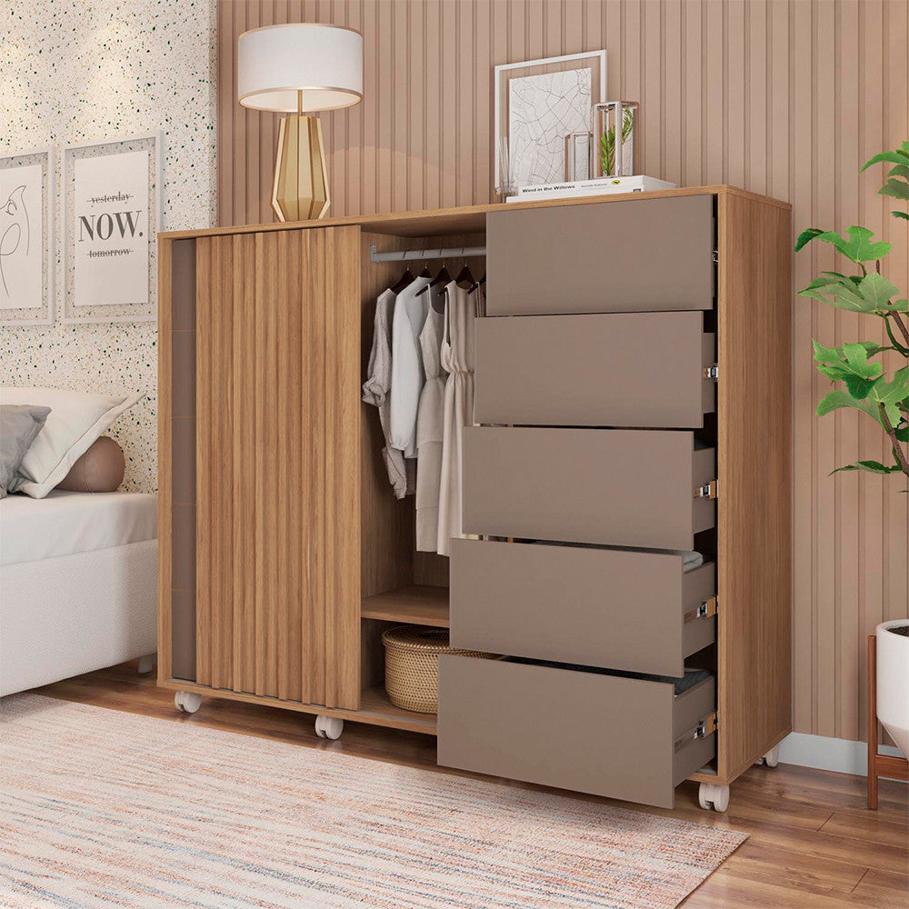 Cômoda Espaçosa Pegasus 2 Portas 5 Gavetas 3 Prateleiras Caemmun - Buriti com Off White