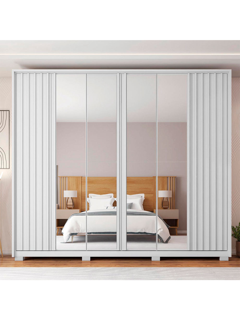 Guarda Roupa Casal Apollo Double Lux com Espelhos 6 Portas 4 Gavetas Caemmun - Buriti com Off White