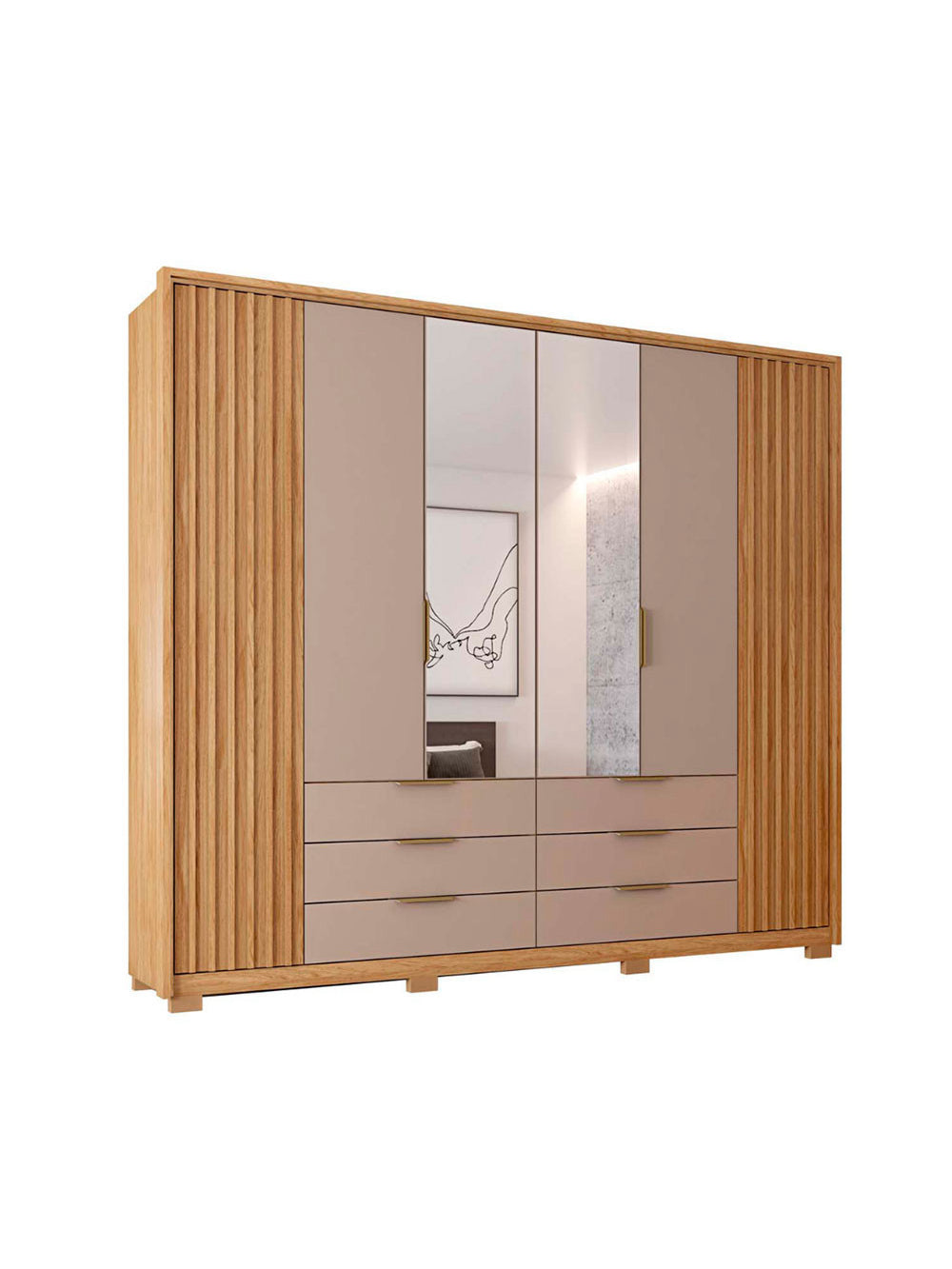 Guarda Roupa Casal Maximus Lux com Espelhos 6 Portas 6 Gavetas Caemmun - Freijó com Off White
