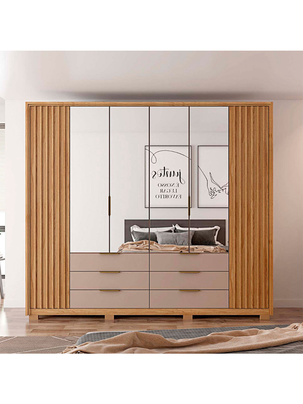 Guarda Roupa Casal Maximus Double Lux com Espelhos 6 Portas 6 Gavetas Caemmun - Freijó com Off White
