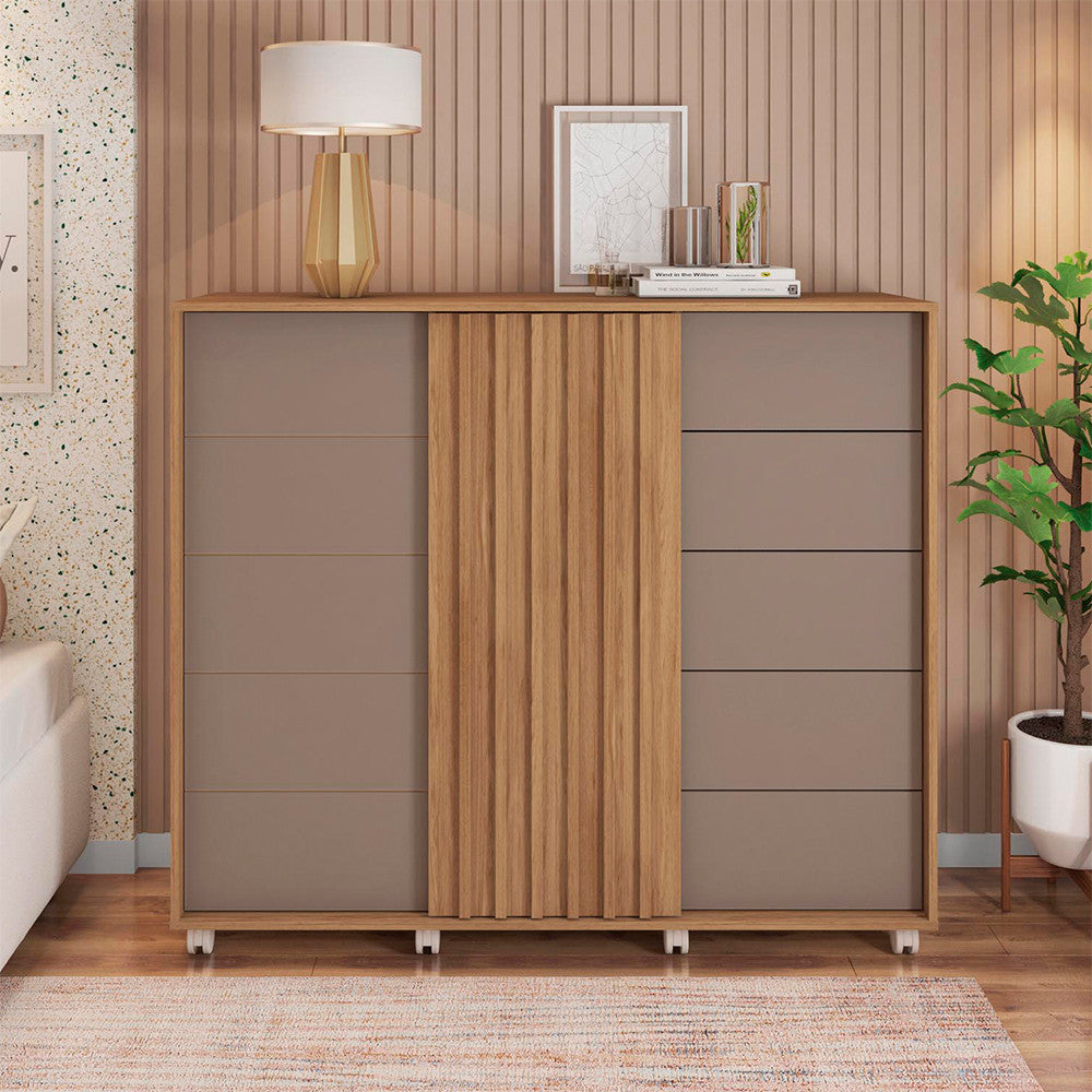 Cômoda Espaçosa Pegasus 2 Portas 5 Gavetas 3 Prateleiras Caemmun - Buriti com Off White
